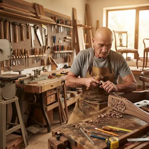 Maestro restaurador trabajando meticulosamente la madera